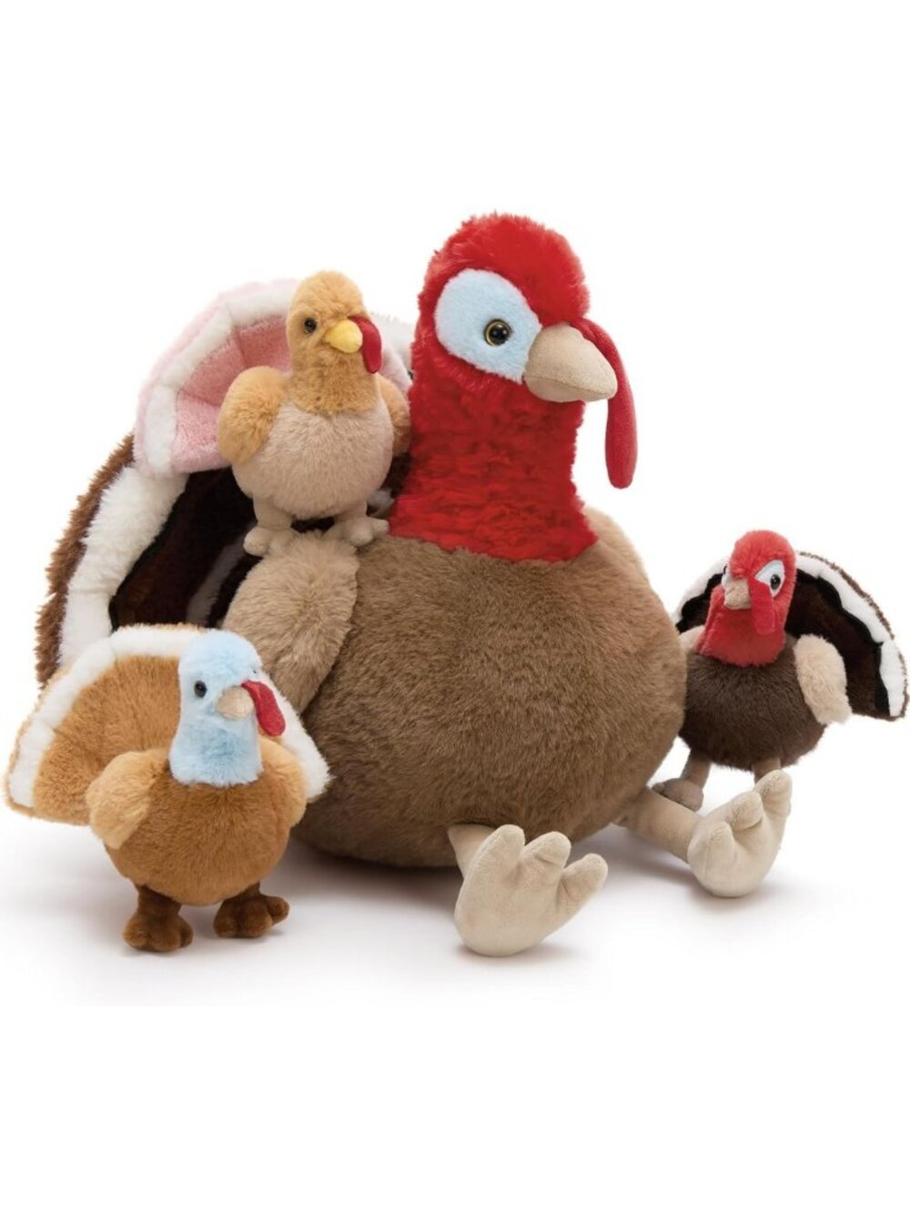 Thanksgiving Turkey Plush Toy with 3 Baby Turkeys, 14" Fall Decor Cuddly Stuffed